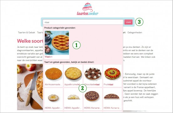 Screenshot met uitleg over direct zoeken naar taarten en gebak