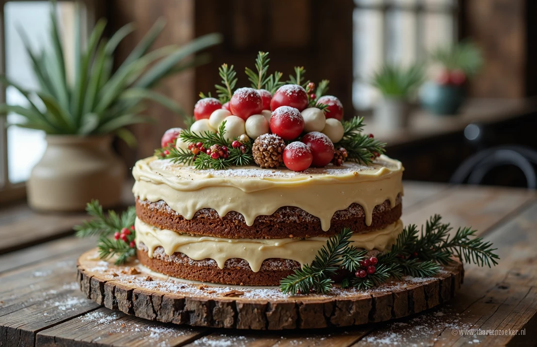 Een prachtig versierde kersttaart op een rustieke houten tafel, zacht natuurlijk licht, focus op ingewikkelde glazuurdetails, wintergroen als accenten.