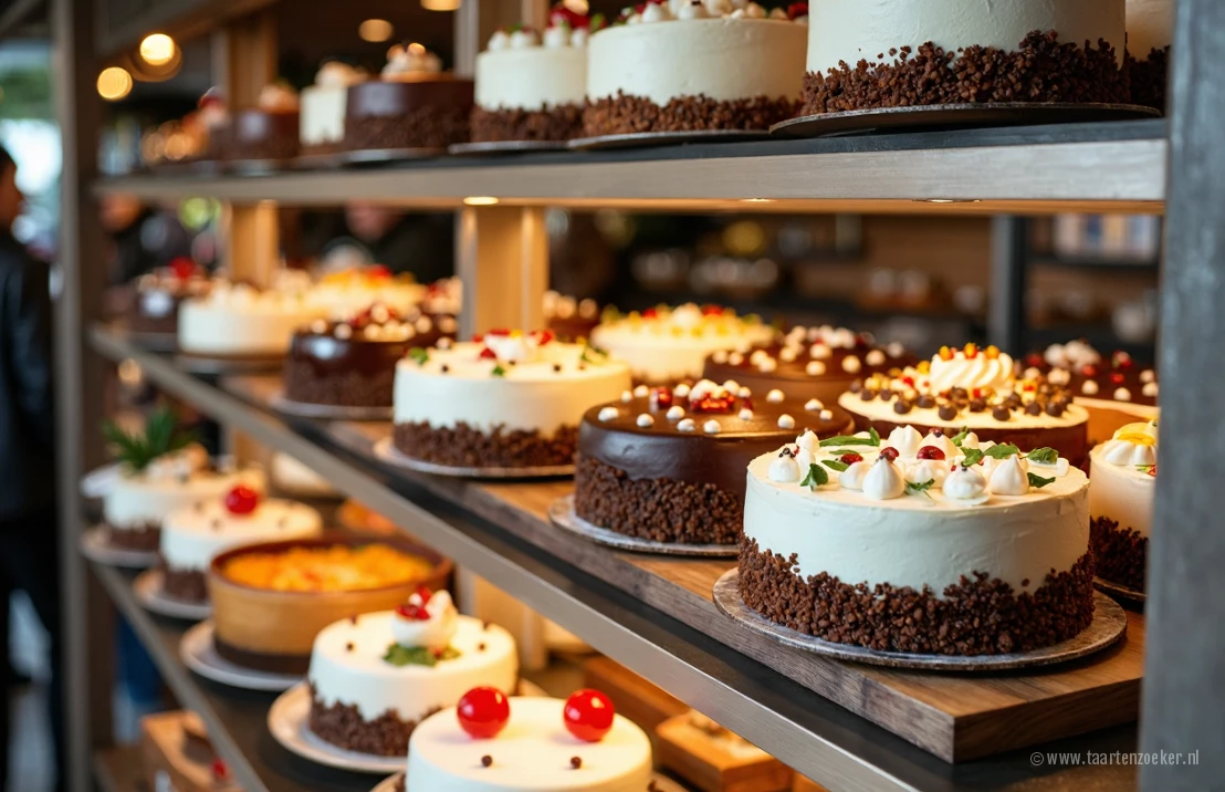 Een verscheidenheid aan kersttaarten uitgestald op planken in een bakkerij, heldere en uitnodigende sfeer, met een reeks smaken en decoraties, ondiepe focus.