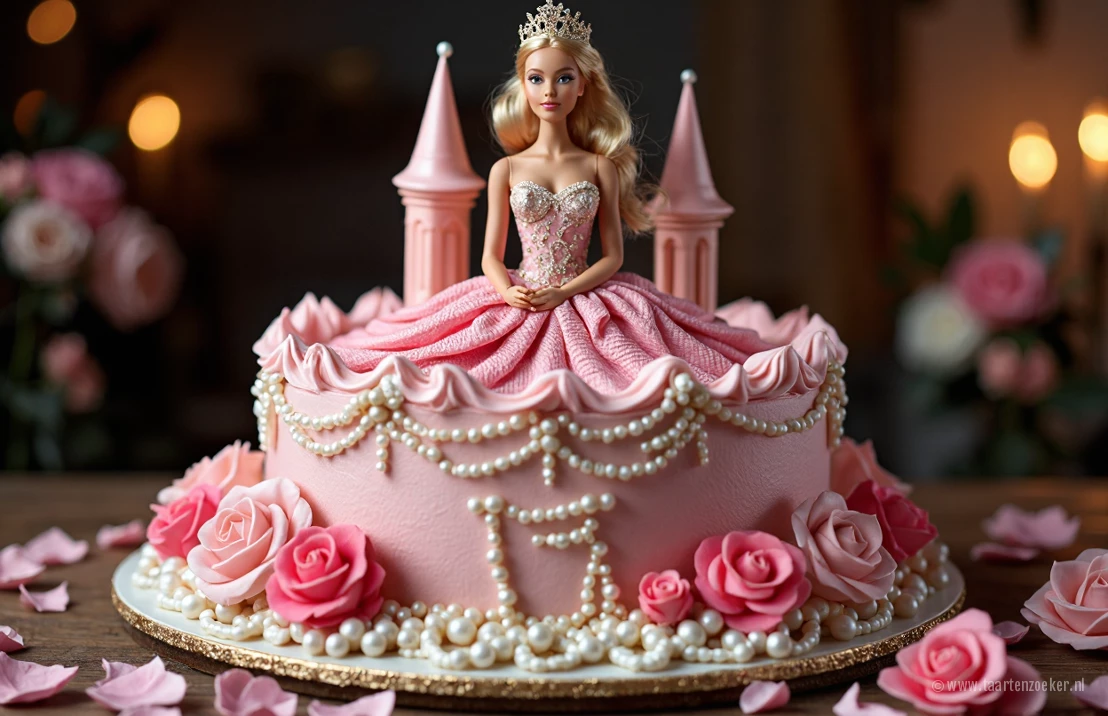 Een elegante Barbie-taart in de vorm van een prinsessenkasteel, versierd met eetbare parels, fondant rozen en glanzende gouden accenten.