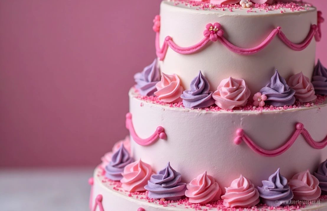 Een fotorealistische close-up van een Barbie-taart met meerdere lagen, versierd met eetbare glitter, roze en paarse frosting en kleine Barbie-accessoires. De focus ligt op de gedetailleerde versieringen.