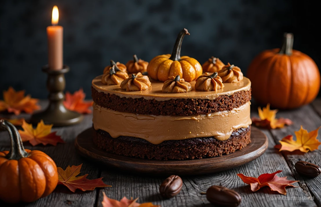 Een dramatische foto van een pompoen speculaas Halloween taart op een rustieke tafel met herfstbladeren en kaarslicht.