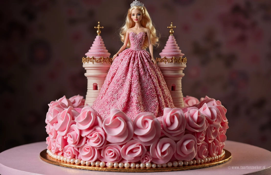 Een elegante Barbie-taart in de vorm van een prinsessenkasteel, versierd met eetbare parels, fondant rozen en glanzende gouden accenten.