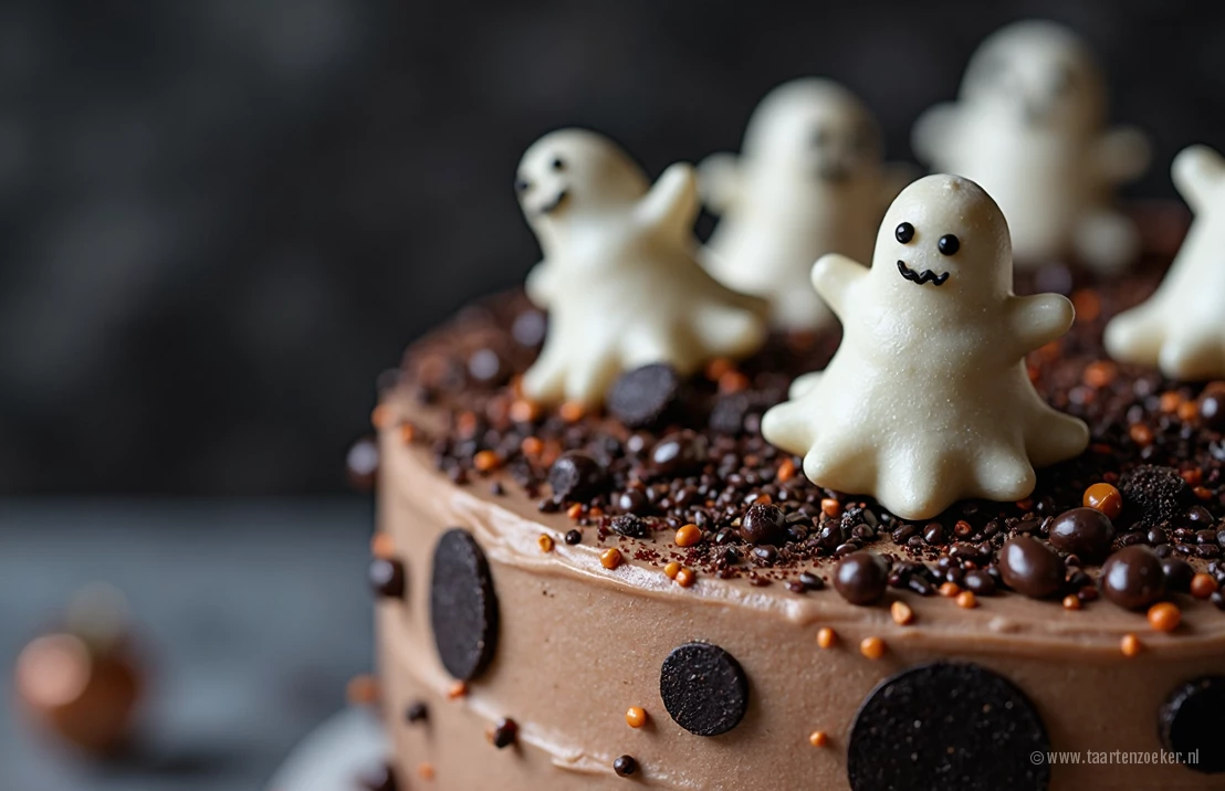 Een macro foto van een Halloween taart met glitters, chocolade schaafsel en kleine spookjes.
