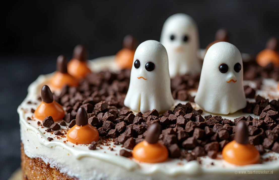Een macro foto van een Halloween taart met glitters, chocolade schaafsel en kleine spookjes.