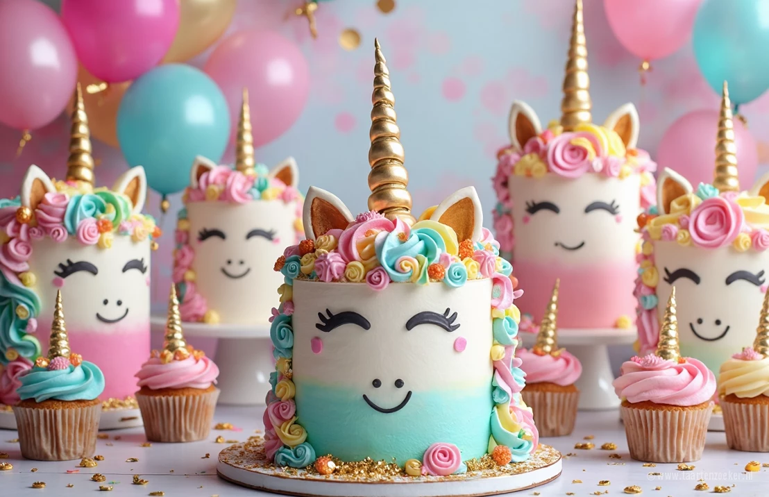 Een tafel vol met allerlei verschillende unicorntaarten in verschillende kleuren en groottes.