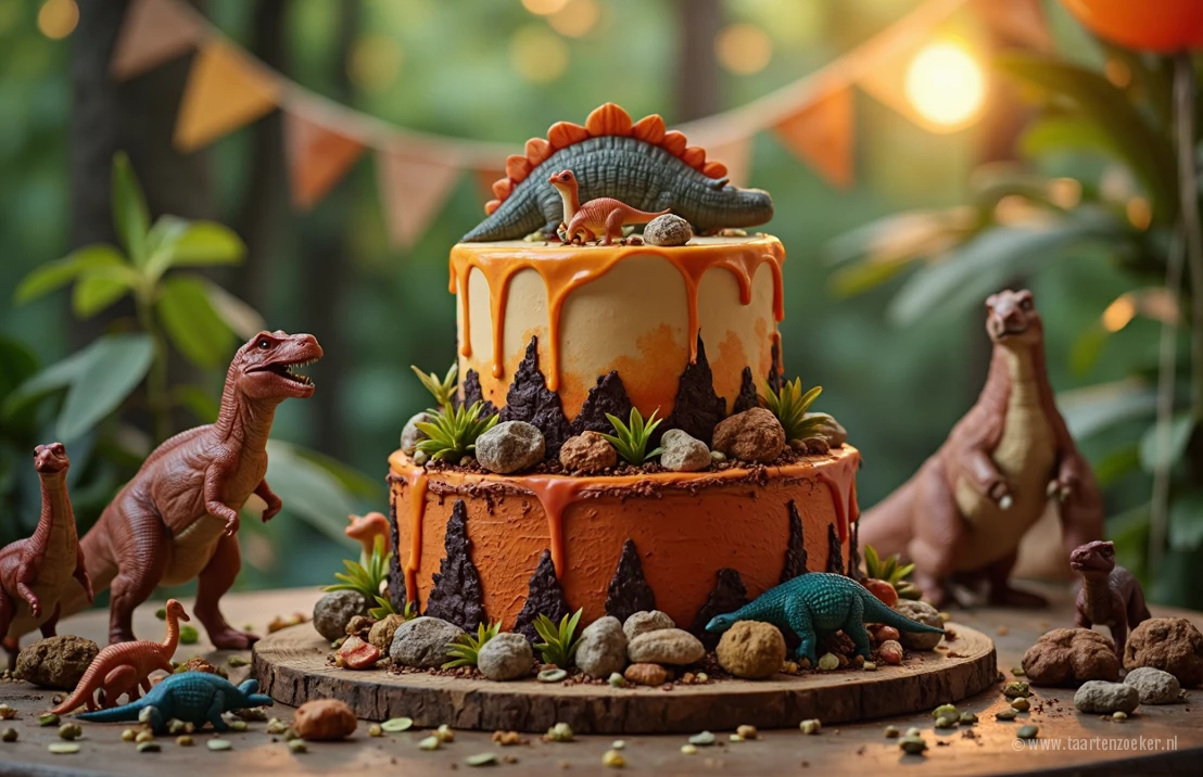 Een sfeervolle foto van een dinosaurus verjaardagsfeestje met een grote, meerlagige taart versierd met dinosaurussen.