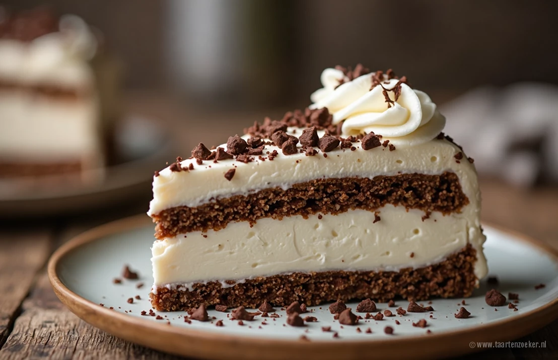 Een close-up van een punt slagroomtaart met chocoladevlokken, op een rustieke houten tafel.  Ondiepe scherptediepte benadrukt de romige lagen en rijke chocolade.