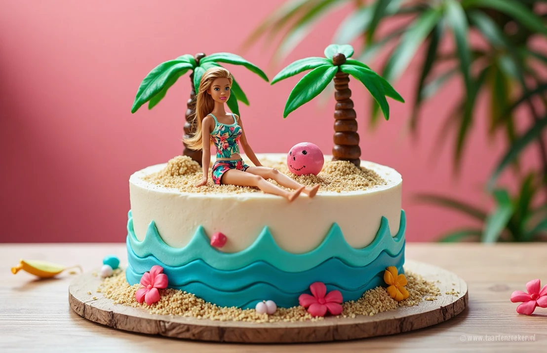 Een levendige foto van een Barbie-taart geïnspireerd op een tropisch strandthema. De taart heeft eetbaar zand, kleine palmboom en een Barbiepop die van het 'strand' geniet.