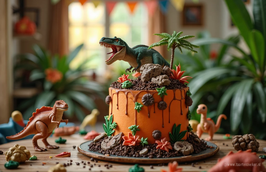 Een sfeervolle foto van een dinosaurus verjaardagsfeestje met een grote, meerlagige taart versierd met dinosaurussen.