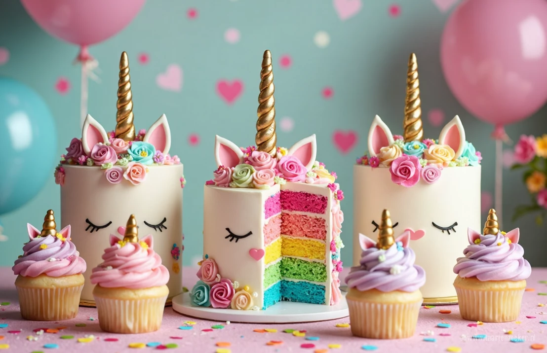 Verschillende soorten unicorn taarten in allerlei kleuren en maten gepresenteerd op een verjaardagstafel.