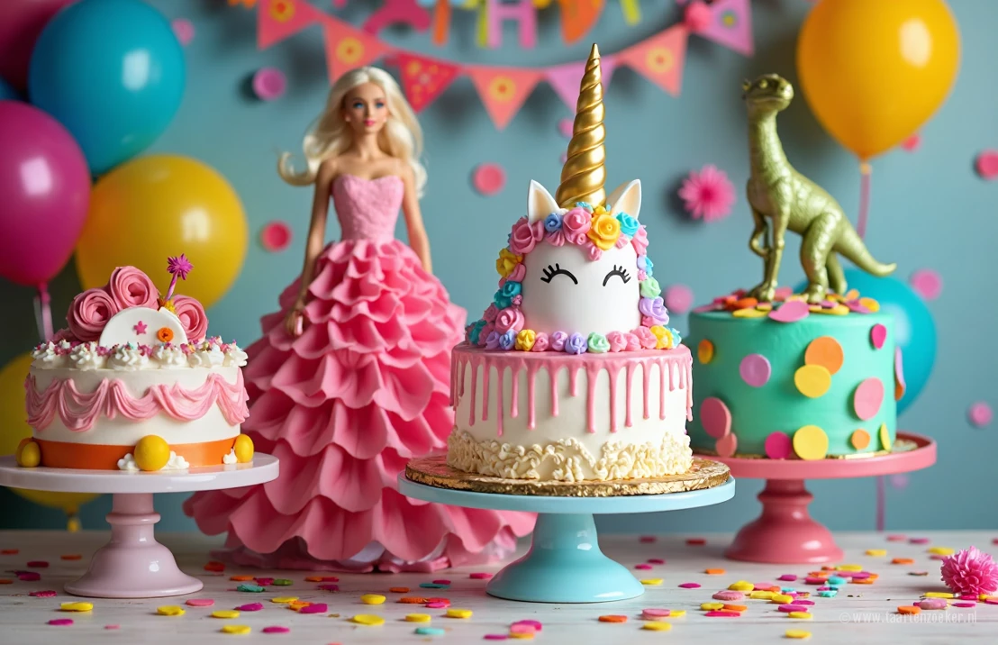 Een tafel met verschillende kindertaarten zoals een Barbietaart, unicorntaart, regenboogtaart en dinotaart.