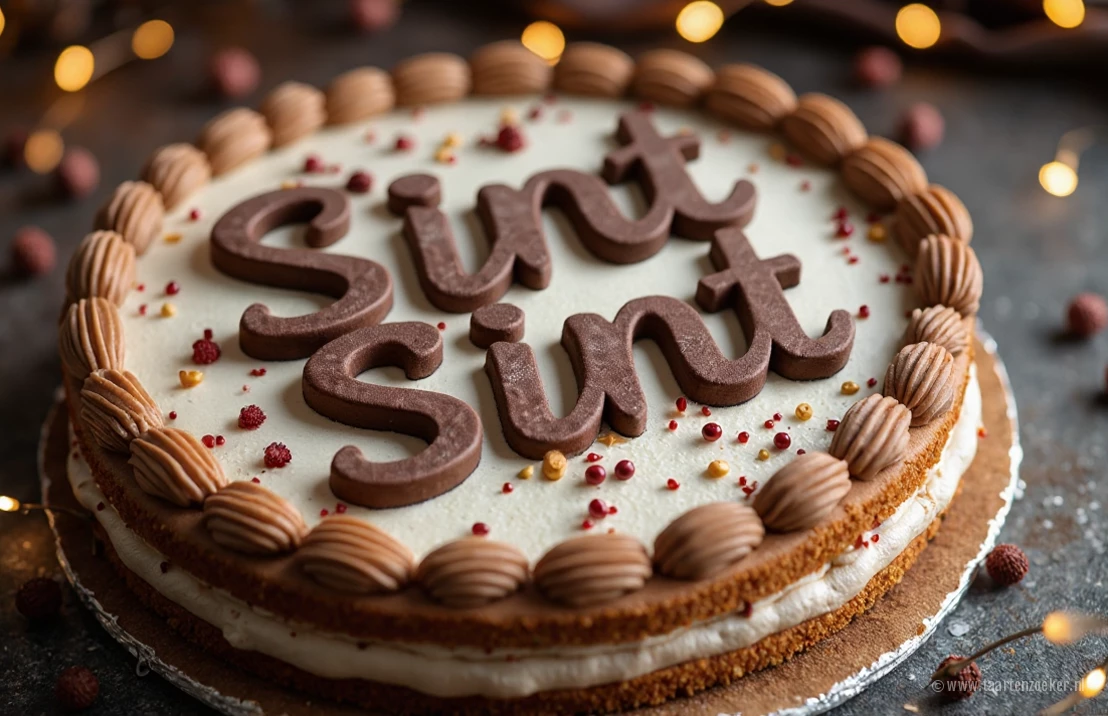 Een prachtige Sinterklaastaart versierd met chocoladeletters en marsepeinen figuren, gefotografeerd in warm en zacht licht.