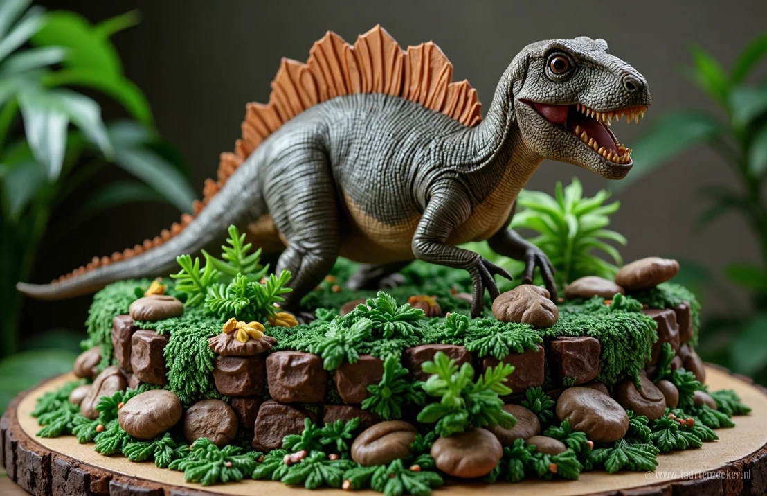 Een fotorealistische dinotaart in de vorm van een weelderig prehistorisch oerwoud met een T-Rex van taart en frosting.