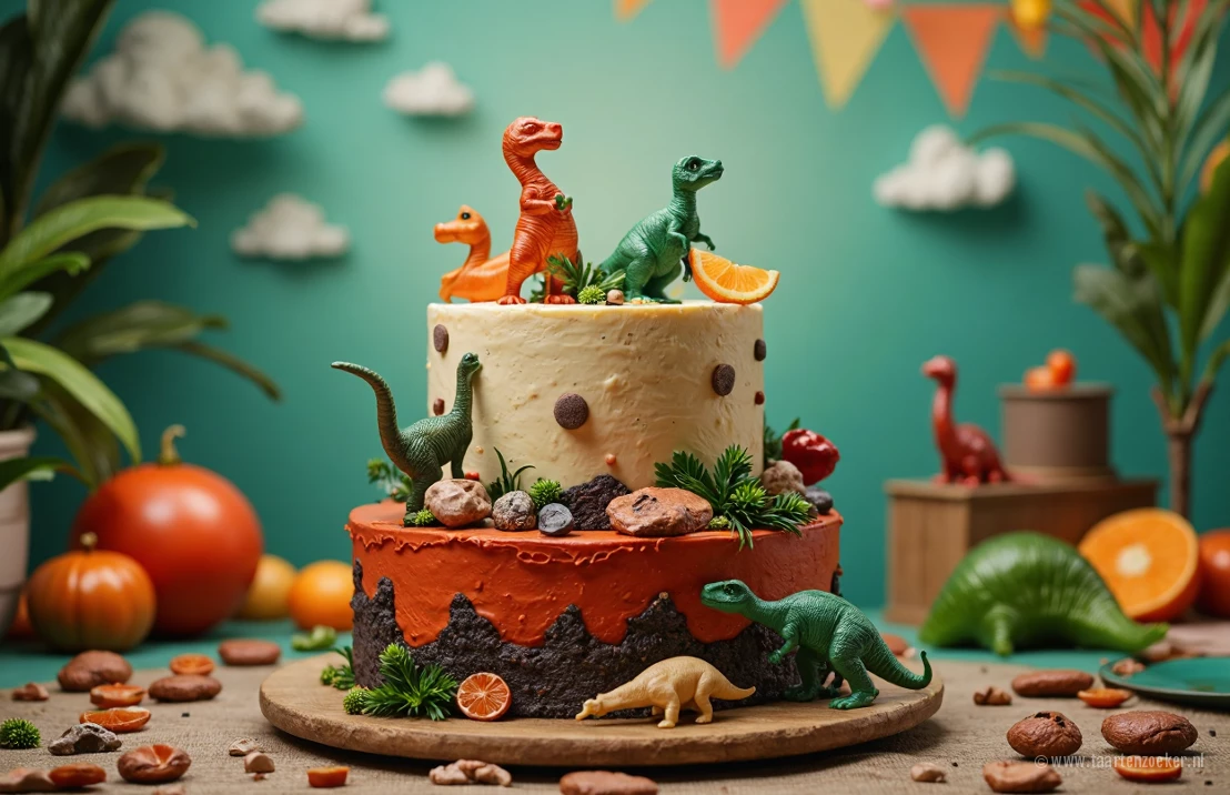 Een sfeervolle foto van een dinosaurus verjaardagsfeestje met een grote, meerlagige taart versierd met dinosaurussen.