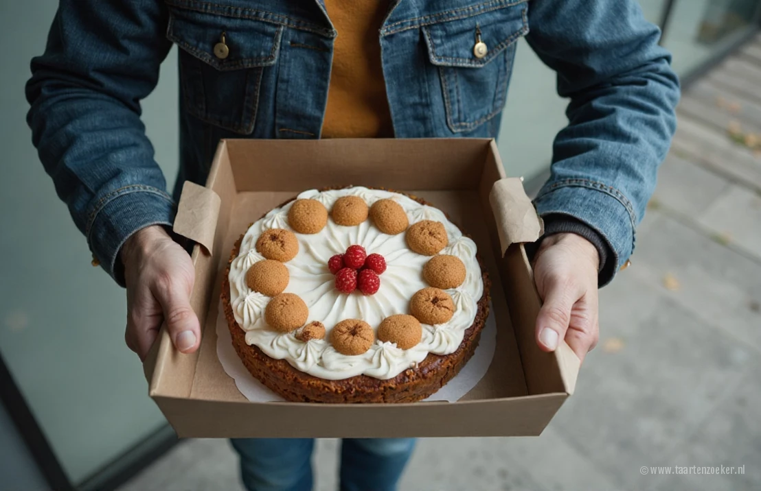 Een overzichtsfoto van een Sinterklaastaart die wordt bezorgd bij een modern kantoorgebouw, met een bezorger en de taartdoos.